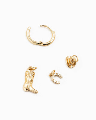 Gold mini western charm earrings with cowboy boot, horseshoe, hat, and hoop