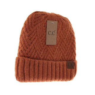 Rust orange C.C Beanie fuzzy crisscross knit beanie with ribbed cuff