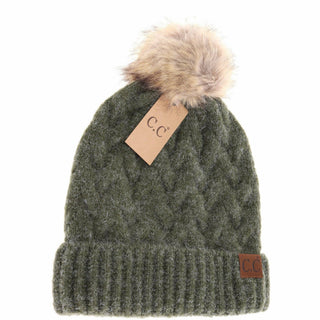 Olive green cable knit beanie with faux fur pom pom and C.C brand label