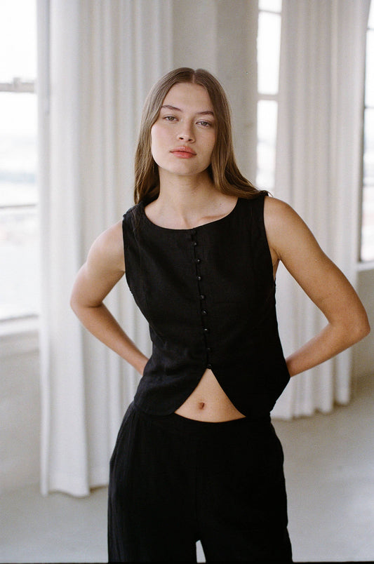 The Lexi Linen Button Down Curved Front Hem Vest