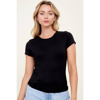 Women's black crew neck short sleeve fitted knit tee with light blue jeans