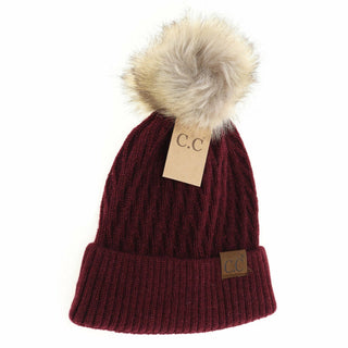 C.C Beanie burgundy ribbed knit beanie with cream faux fur pom pom