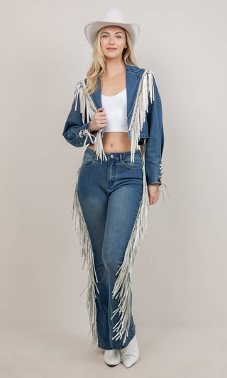Medium wash flare denim pants with white contrast side fringe detail