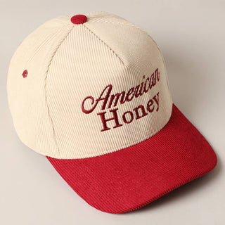 Cream and red corduroy baseball cap with American Honey embroidered script logo