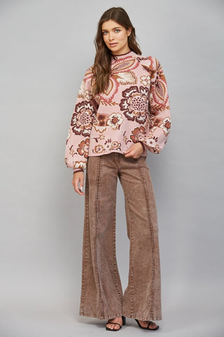 FATE pink floral jacquard mock neck sweater with balloon sleeves