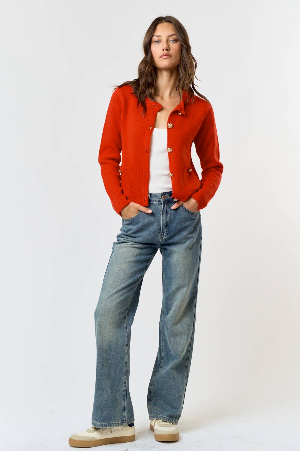 The Lila Button Front Sweater Cardigan in Red