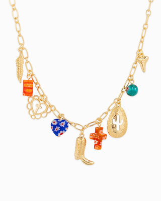 Gold chain charm necklace with western charms including cowboy boot, cactus, cross, and floral glass beads