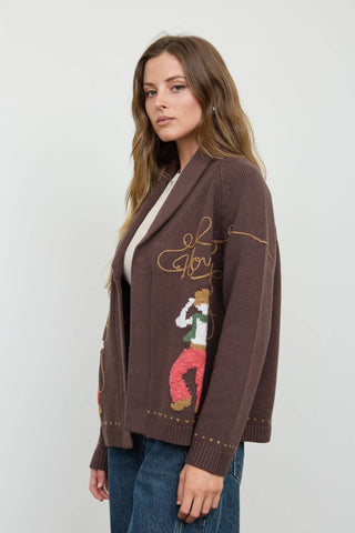 Brown knit cardigan with cowboy jacquard design and shawl collar