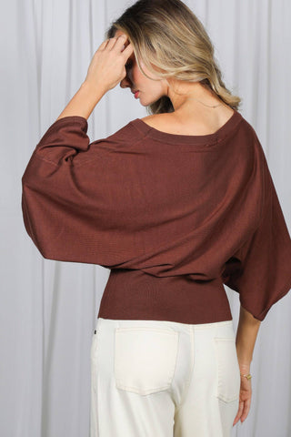 Brown batwing dolman sleeve knit sweater with ribbed hem, back view