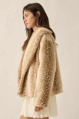 Beige faux fur jacket with white deer-spot print and shawl collar