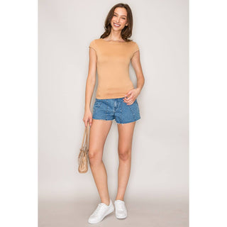 Popular 21 camel beige double layered boat neck cap sleeve fitted top