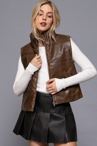 Brown wash effect faux leather zip-up puffer vest with mock neck