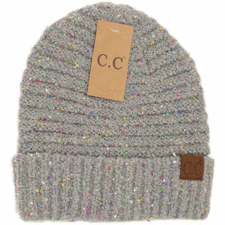 C.C gray confetti speckled boucle knit cuff beanie with colorful flecks