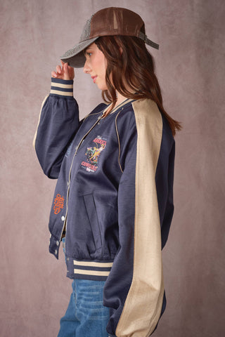 The Patsy Western Patch Satin Varsity Jacket in Navy
