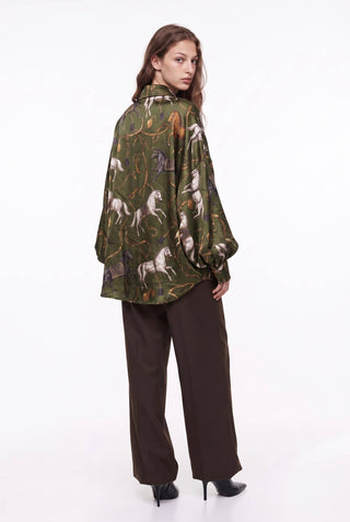 Oversized olive green equestrian horse print silky shirt with puff sleeves, back view