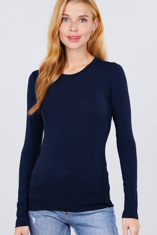 Navy blue long sleeve crew neck fitted cotton spandex jersey top