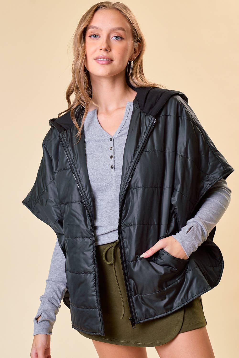 The Miley Zip Up Puffer Cape with Hood