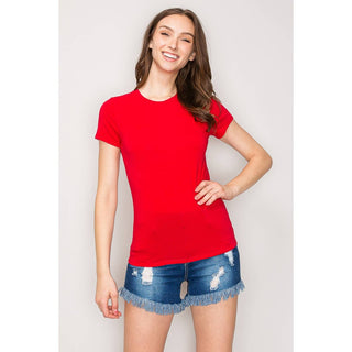 Women's red crew neck short sleeve fitted knit t-shirt with denim shorts