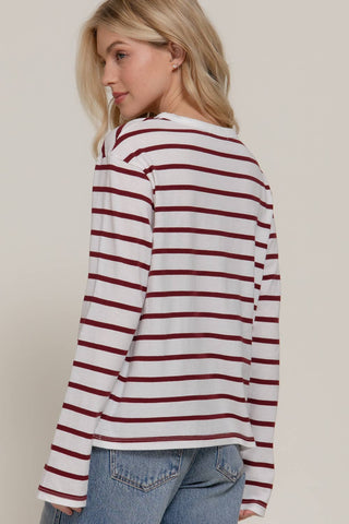 White and burgundy striped long sleeve round neck tee, back view
