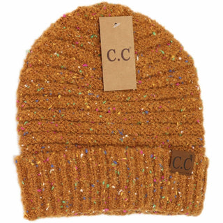 C.C mustard yellow confetti speckled boucle knit cuffed beanie with leather logo patch