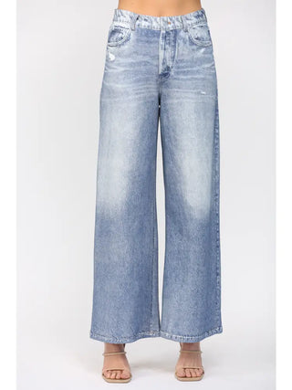 The Washed Denim Print Wide Leg French Terry Pants