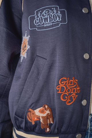 The Patsy Western Patch Satin Varsity Jacket in Navy