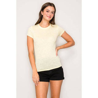 Pale yellow crew neck short sleeve ribbed knit basic tee on model