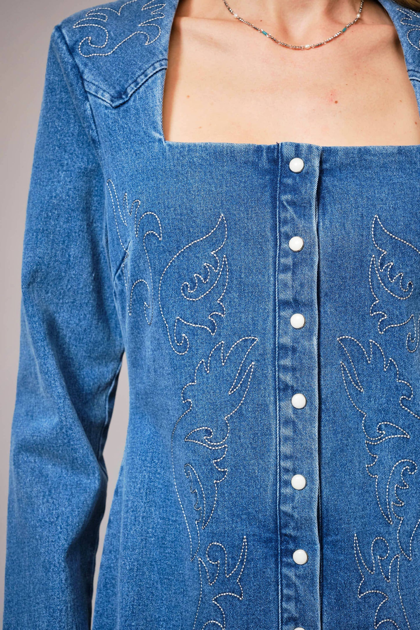 The Abilene Embroidered Snap Front Denim Minidress