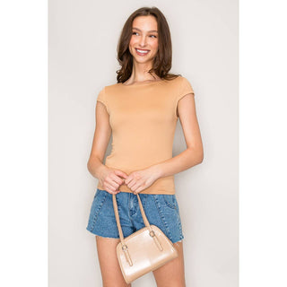 Women's tan boat neck cap sleeve double layered slim fit crop top