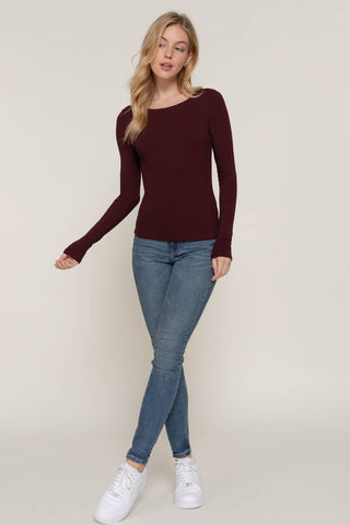 Burgundy ribbed long sleeve round neck double layer tee with thumb holes