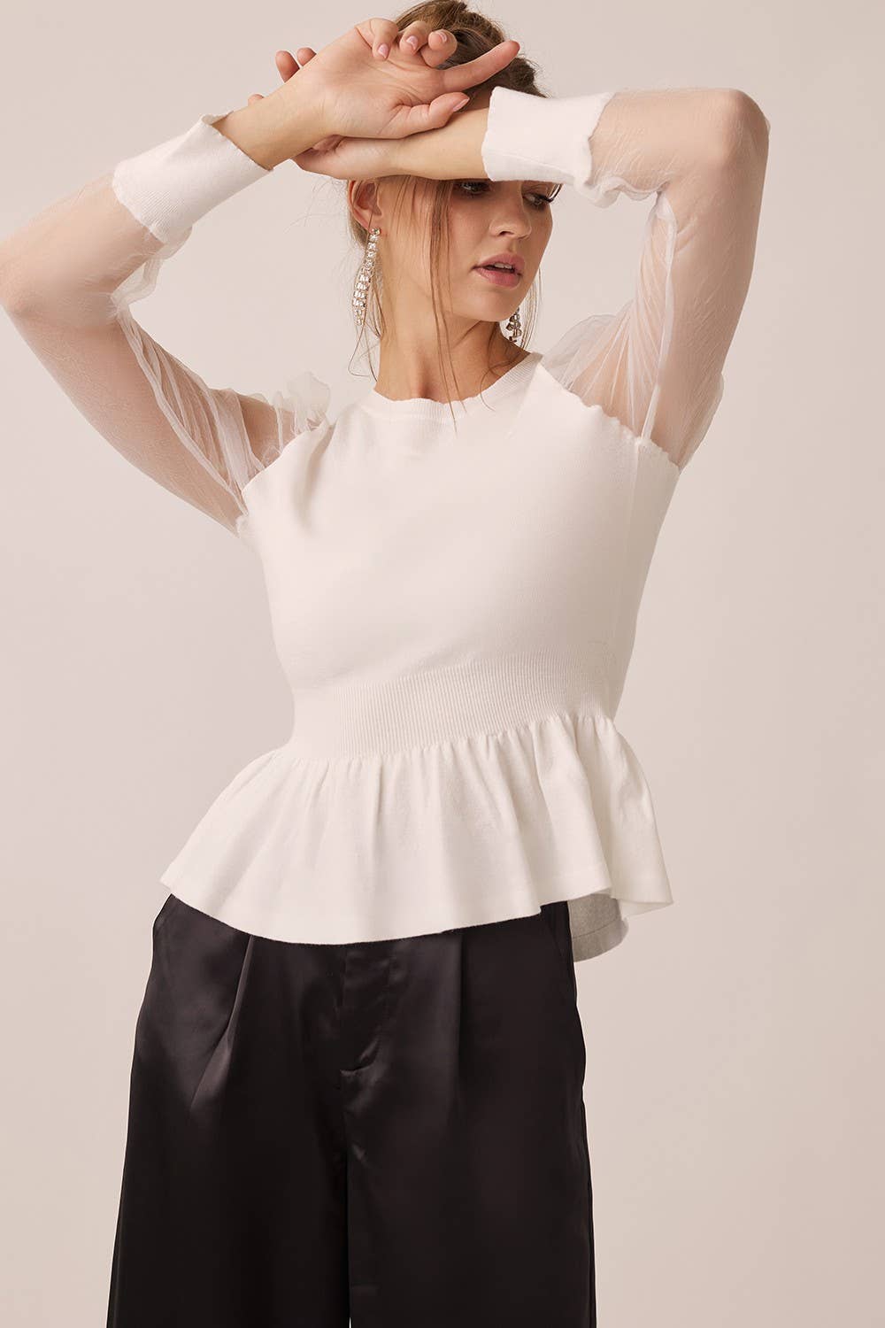 The Ellie Organza Puff Sleeved Peplum Sweater Blouse in Off White