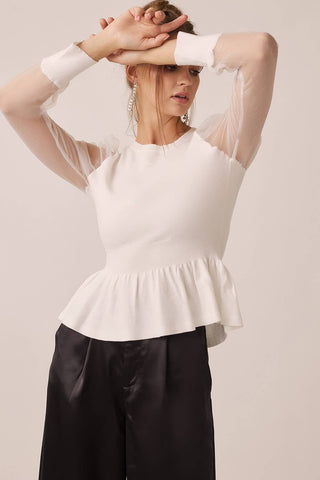 The Ellie Organza Puff Sleeve Peplum Blouse – Off White