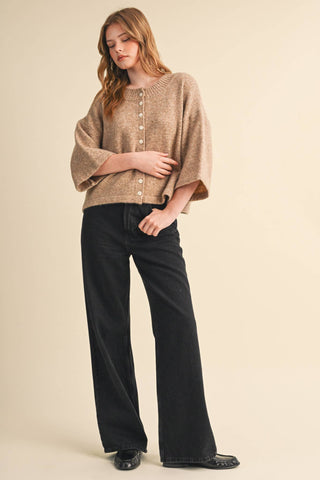Tan elbow-sleeve button-front knit cardigan sweater with wide dolman sleeves