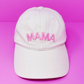 Cream cotton ball cap with pink embroidered MAMA text on front panel