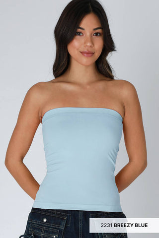 NIKIBIKI breezy blue strapless two-layer tube top on female model