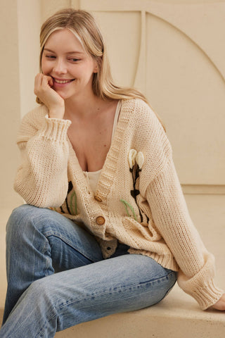 The Gabby Flower Embroidered Knit Cardigan – Cream