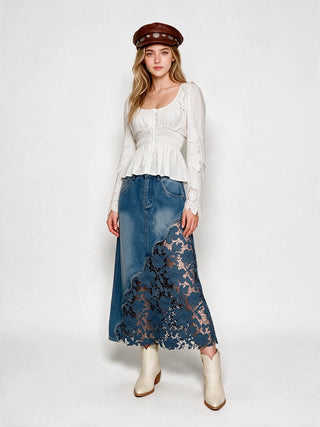 Medium wash denim midi skirt with blue floral lace hem panel detail