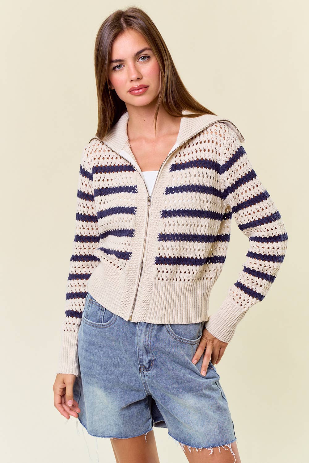 The Camille Zip-Up Striped Pointelle Open Knit Sweater Jacket