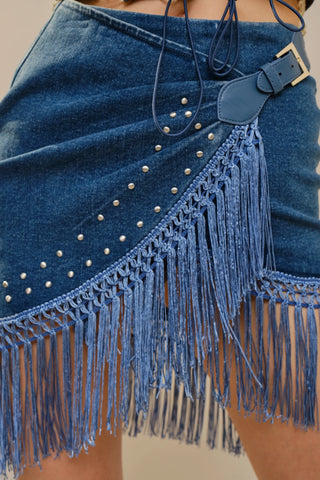 The Buckle Up Fringe Denim Mini Skirt