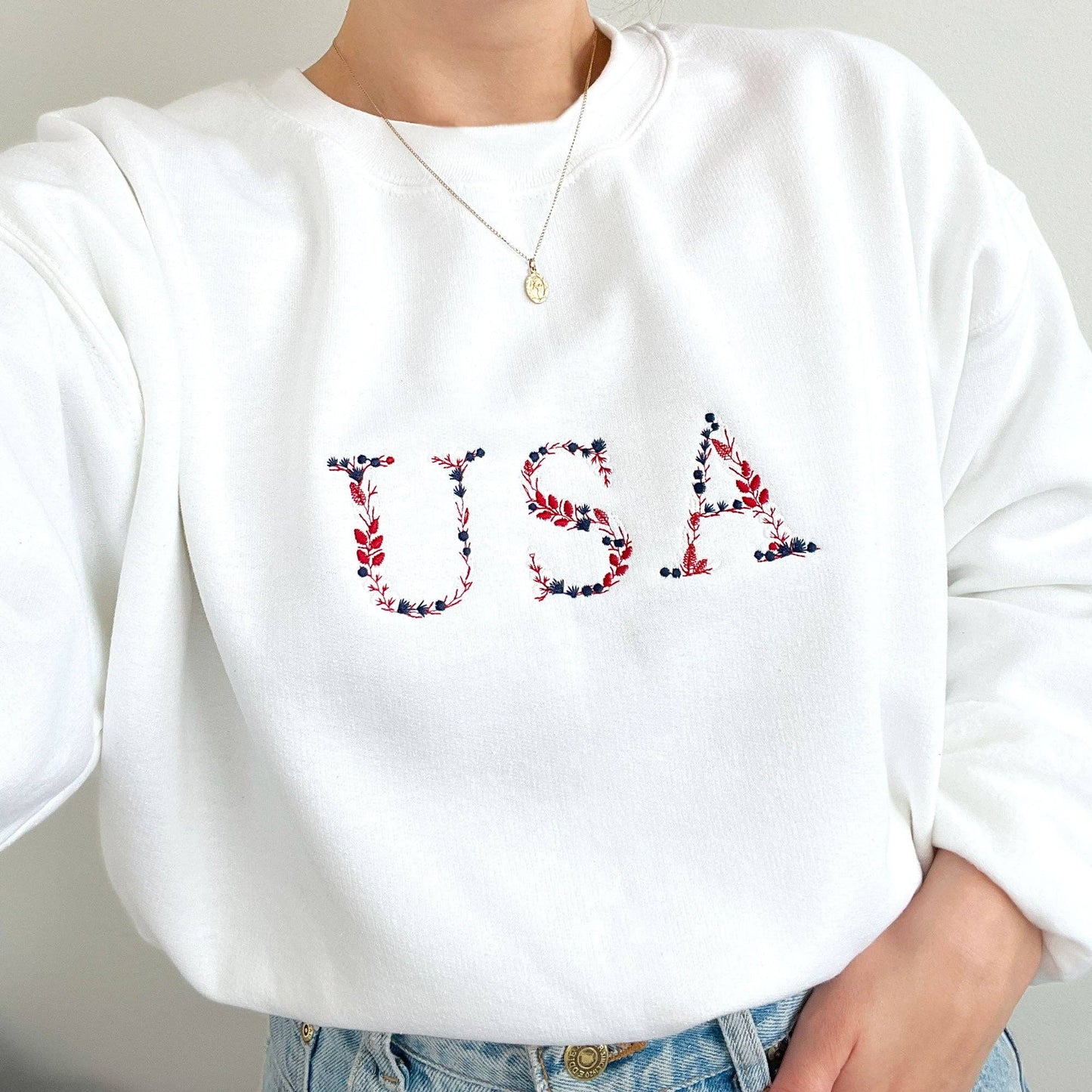 Floral USA Embroidered Crewneck Sweatshirt