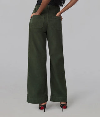 High rise wide leg sage green corduroy pants with patch pockets, back view