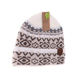 C.C white knit beanie with gray and beige Aztec pattern and cuffed brim