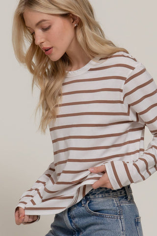 White long sleeve tee with brown horizontal stripes and round neckline