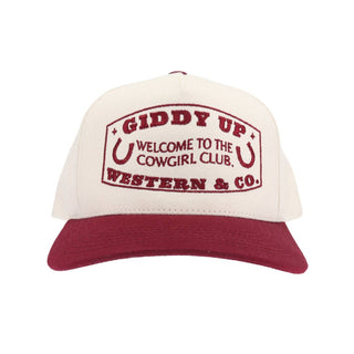 Cream and burgundy two-tone trucker hat with Giddy Up Cowgirl Club embroidery