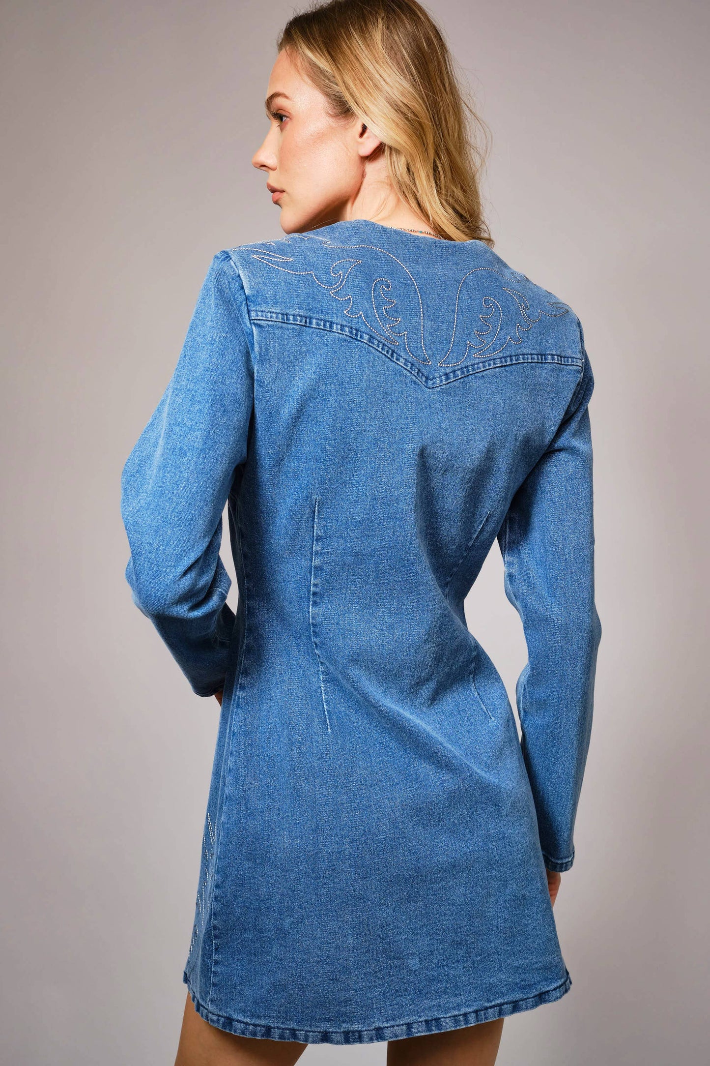 The Abilene Embroidered Snap Front Denim Minidress