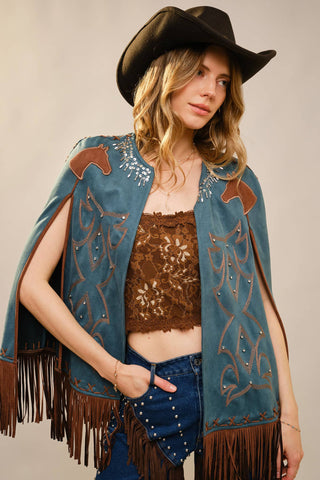 The Western Fringe Cape Jacket in Dark Teal