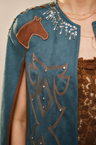 The Western Fringe Cape Jacket in Dark Teal