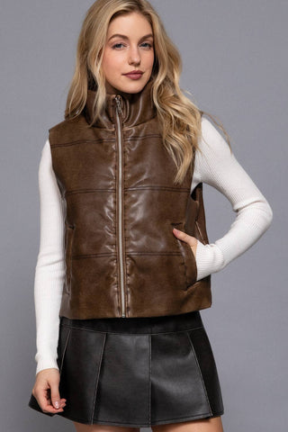 Brown wash effect faux leather zip-up puffer vest with mock neck