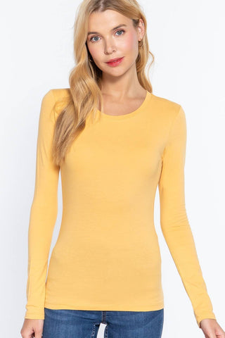 Women's mustard yellow long sleeve crew neck fitted cotton spandex jersey top