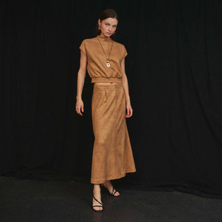 Able Patra tan faux suede cropped top and midi skirt set with black sandals